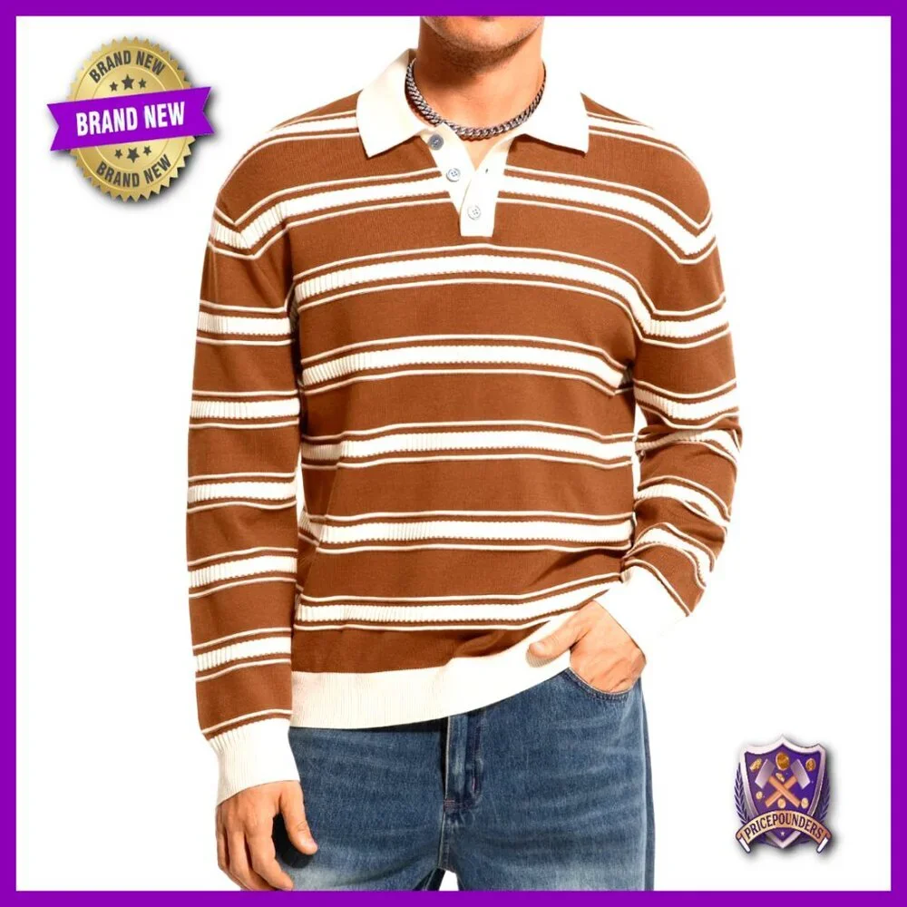 Men's Striped Long Sleeve Polo Sweater, Lightweight Knit Pullover Rugby Shirt